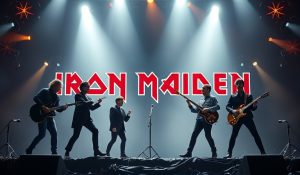 um texto que imagine Iron Maiden tocando com os Beatles: Introdução, professional photo, high quality, suitable for general audience