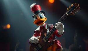 O pato Donald decidir virar um rockeiro heavy metal: Introdução, professional photo, high quality, suitable for general audience